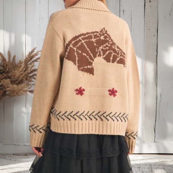 Taupe Horse Floral Knit Zip Up Western Cardigan Sweater w/ Pockets & Collar - Picture 1 of 3